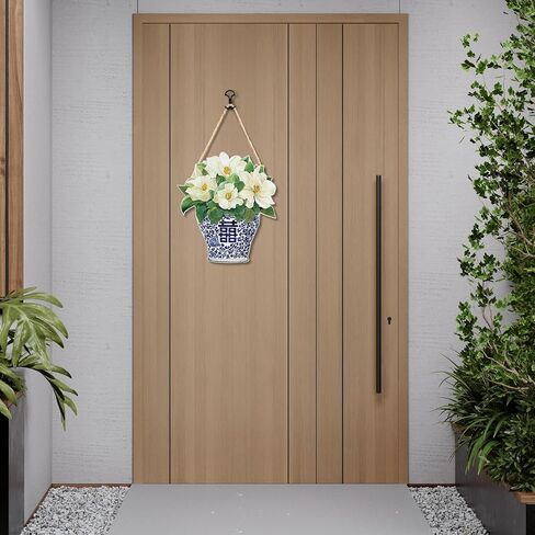 ديكور Ryeolo Chinoiserie، مزهرية صينية من البورسلين الأزرق والأبيض باللون الوردي الفاوانيا الوردية، علامات لوحة خشبية معلقة على الحائط، ديكور جدار صيني، ديكور الألفية الكبرى، 7.0x10.2 بوصة in Saudi Arabia