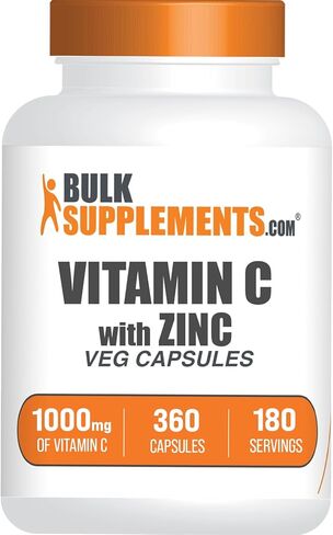BulkSupplements.com فيتامين C مع كبسولات الزنك - فيتامين C 1000 مجم وزنك 15 مجم، لدعم المناعة - نباتي، كبسولتان لكل وجبة، 360 كبسولة نباتية (عبوة من 1) in Saudi Arabia
