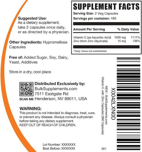 BulkSupplements.com فيتامين C مع كبسولات الزنك - فيتامين C 1000 مجم وزنك 15 مجم، لدعم المناعة - نباتي، كبسولتان لكل وجبة، 360 كبسولة نباتية (عبوة من 1) in Saudi Arabia