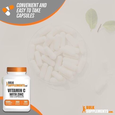 BulkSupplements.com فيتامين C مع كبسولات الزنك - فيتامين C 1000 مجم وزنك 15 مجم، لدعم المناعة - نباتي، كبسولتان لكل وجبة، 360 كبسولة نباتية (عبوة من 1) in Saudi Arabia