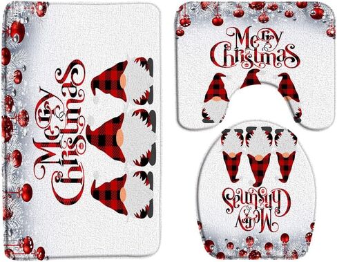Sunhe 3 Piece Christmas Gnome Bath Mat Sets Cute Gnome Folklore Elves Red Black Buffalo Plaid Pine Twig Xmas Balls Winter Holiday Bathroom Rug,Toilet Seat Cover,U-Shaped Floor Mat in Saudi Arabia