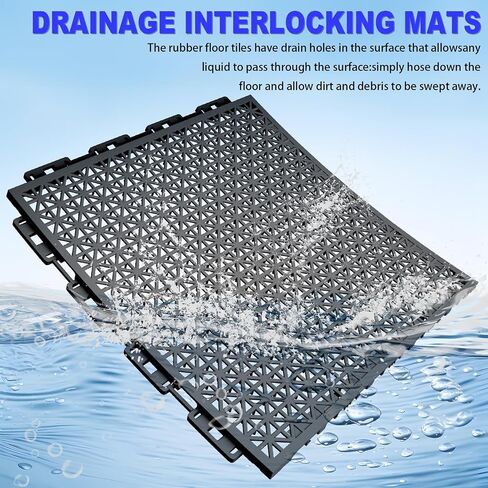 16 PCS Modular Interlocking Cushion, Interlocking Rubber Floor Tiles Rubber Mats Drainage Mat with Hole, Non Slip Pool Deck Mat Outdoor 10" x 10" for Drain Deck Pool Patio Balcony Shower Kitchen,Black in Saudi Arabia