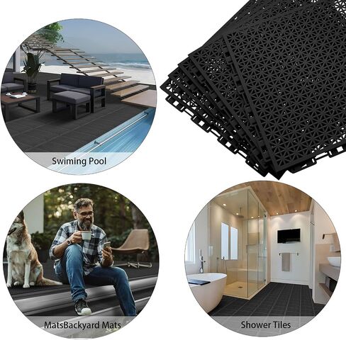 16 PCS Modular Interlocking Cushion, Interlocking Rubber Floor Tiles Rubber Mats Drainage Mat with Hole, Non Slip Pool Deck Mat Outdoor 10" x 10" for Drain Deck Pool Patio Balcony Shower Kitchen,Black in Saudi Arabia
