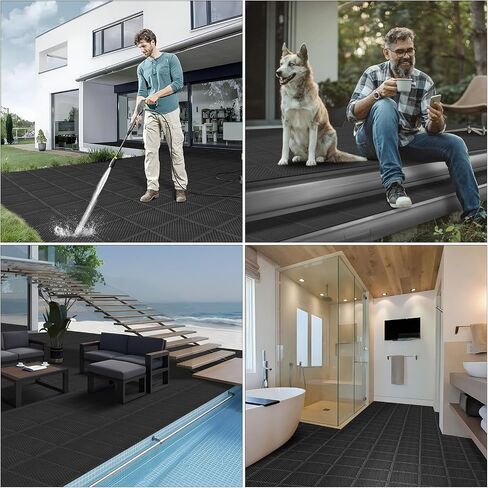 16 PCS Modular Interlocking Cushion, Interlocking Rubber Floor Tiles Rubber Mats Drainage Mat with Hole, Non Slip Pool Deck Mat Outdoor 10" x 10" for Drain Deck Pool Patio Balcony Shower Kitchen,Black in Saudi Arabia