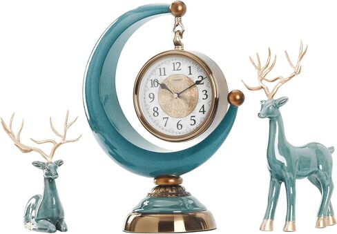 LANDCHY16''H الباروك ساعة مكتب الراتنج رف ساعة مع 2 الغزلان تمثال السيراميك العتيقة ساعة الذكرى السنوية لغرفة المعيشة غرفة نوم ديكور مكتب، اللون الفيروزي in Kuwait