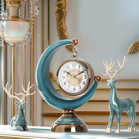 LANDCHY16''H الباروك ساعة مكتب الراتنج رف ساعة مع 2 الغزلان تمثال السيراميك العتيقة ساعة الذكرى السنوية لغرفة المعيشة غرفة نوم ديكور مكتب، اللون الفيروزي in Kuwait