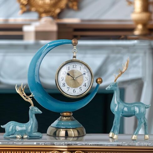 LANDCHY16''H الباروك ساعة مكتب الراتنج رف ساعة مع 2 الغزلان تمثال السيراميك العتيقة ساعة الذكرى السنوية لغرفة المعيشة غرفة نوم ديكور مكتب، اللون الفيروزي in Kuwait