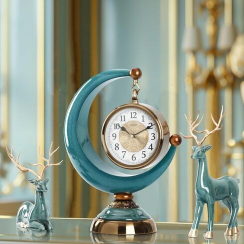 LANDCHY16''H الباروك ساعة مكتب الراتنج رف ساعة مع 2 الغزلان تمثال السيراميك العتيقة ساعة الذكرى السنوية لغرفة المعيشة غرفة نوم ديكور مكتب، اللون الفيروزي in Kuwait