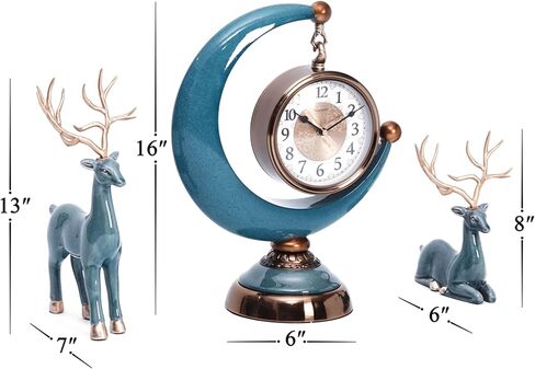 LANDCHY16''H الباروك ساعة مكتب الراتنج رف ساعة مع 2 الغزلان تمثال السيراميك العتيقة ساعة الذكرى السنوية لغرفة المعيشة غرفة نوم ديكور مكتب، اللون الفيروزي in Kuwait