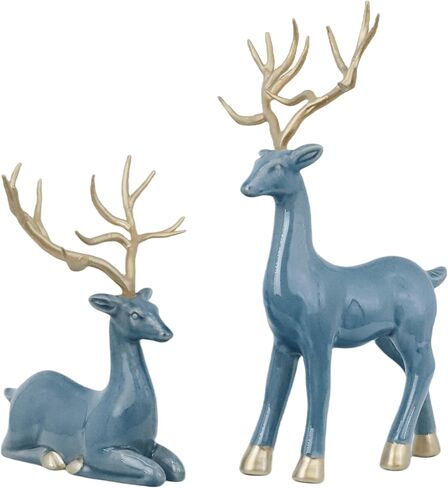 LANDCHY16''H الباروك ساعة مكتب الراتنج رف ساعة مع 2 الغزلان تمثال السيراميك العتيقة ساعة الذكرى السنوية لغرفة المعيشة غرفة نوم ديكور مكتب، اللون الفيروزي in Kuwait