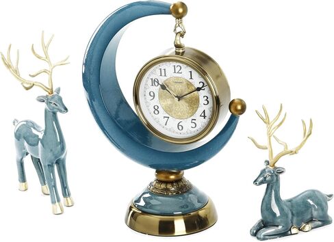 LANDCHY16''H الباروك ساعة مكتب الراتنج رف ساعة مع 2 الغزلان تمثال السيراميك العتيقة ساعة الذكرى السنوية لغرفة المعيشة غرفة نوم ديكور مكتب، اللون الفيروزي in Kuwait