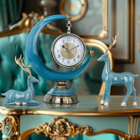 LANDCHY16''H الباروك ساعة مكتب الراتنج رف ساعة مع 2 الغزلان تمثال السيراميك العتيقة ساعة الذكرى السنوية لغرفة المعيشة غرفة نوم ديكور مكتب، اللون الفيروزي in Kuwait