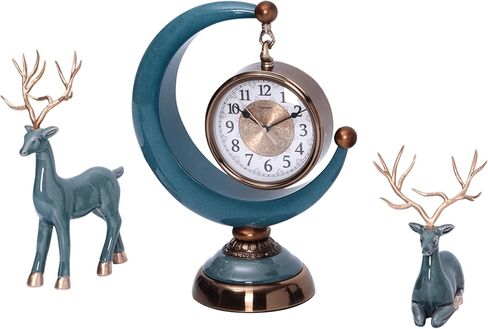 LANDCHY16''H الباروك ساعة مكتب الراتنج رف ساعة مع 2 الغزلان تمثال السيراميك العتيقة ساعة الذكرى السنوية لغرفة المعيشة غرفة نوم ديكور مكتب، اللون الفيروزي in Kuwait