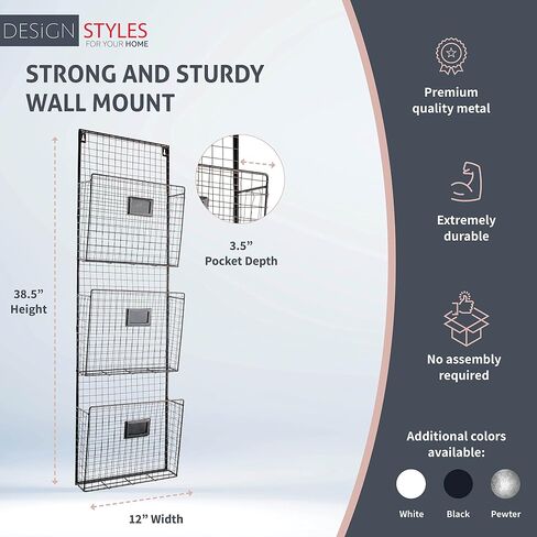حامل ملفات جداري من ثلاث طبقات من Designstyles - حامل معدني أسود متين مع فتحات واسعة لسهولة التنظيم، يمكن تركيبه على الحائط والباب للمكتب والمنزل والعمل in Saudi Arabia