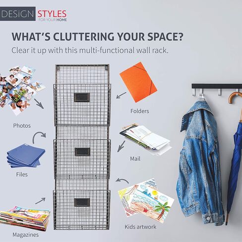 حامل ملفات جداري من ثلاث طبقات من Designstyles - حامل معدني أسود متين مع فتحات واسعة لسهولة التنظيم، يمكن تركيبه على الحائط والباب للمكتب والمنزل والعمل in Saudi Arabia