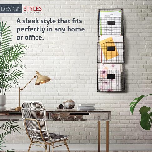 حامل ملفات جداري من ثلاث طبقات من Designstyles - حامل معدني أسود متين مع فتحات واسعة لسهولة التنظيم، يمكن تركيبه على الحائط والباب للمكتب والمنزل والعمل in Saudi Arabia