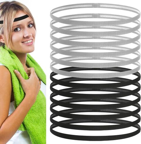 12 Pieces Thin Non-Slip Elastic Sports Headbands, Skinny Athletic Hair Bands for Yoga, Exercise, Running, Soccer, Sweatband in Black and Gray in Saudi Arabia