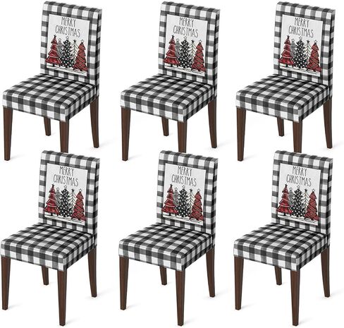 Horaldaily 6PCS Christmas Dining Chair Covers, Buffalo Plaid Trees Stretch Removable Washable Slipcover Chair Protector for Dining Room Home Decor in Kuwait