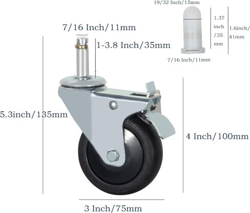 Stem Casters Wheels, 7/16" x 1-3/8" Swivel Casters with Brake TPR Casters 700 Lbs Load Capacity Replacement Wheels Casters Set of 4 (With Brake, 3 Inch) in Kuwait