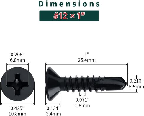 #12 x 1" Flat Head Self Drilling Screws (50 pcs), 410 Stainless Steel, Phillips Drive #3, Black Oxide Coated Flat Head Self Tapping Screws, Fayeploo (with Phillips Driver Bit) in Saudi Arabia