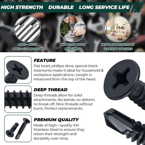 #12 x 1" Flat Head Self Drilling Screws (50 pcs), 410 Stainless Steel, Phillips Drive #3, Black Oxide Coated Flat Head Self Tapping Screws, Fayeploo (with Phillips Driver Bit) in Saudi Arabia