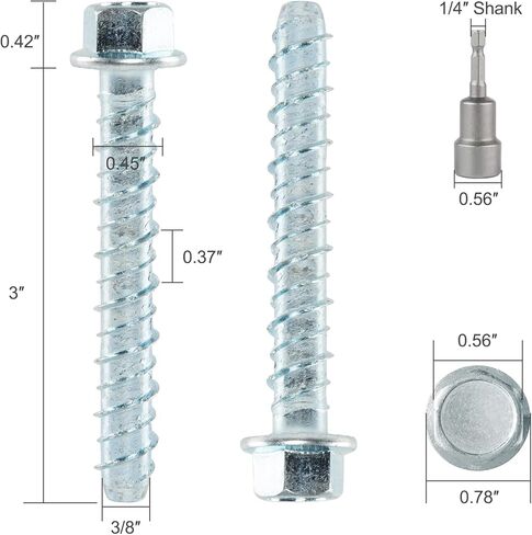 براغي خرسانية مقاس 3/8 بوصة × 3 بوصة (60 حزمة) مسامير تثبيت خرسانية مقاس 3/8 بوصة للبناء أو الأسمنت أو الطوب أو البلوك، مطلية بالزنك in Kuwait