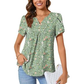CATHY Women's Fashion Clothes Petal Short Sleeve Tunic Tops Dressy Summer Blouses V-Neck Button Cute Shirts, M, Pink