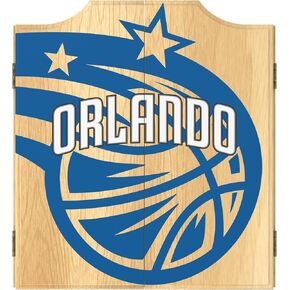 Trademark Global Dart Board Cabinet Set - Orlando Magic Fade Dart Board with 6 Steel Tip Darts, Scoreboard, Hanging Wood Cupboard