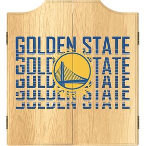 Trademark Global Dart Board Cabinet Set - Golden State Warriors City Dart Board with 6 Steel Tip Darts, Scoreboard, Hanging Wood Cupboard