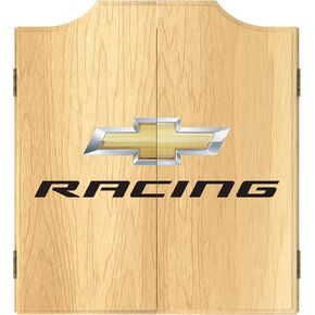 Trademark Global Dart Board Cabinet Set - Chevrolet Chevy Racing Dart Board with 6 Steel Tip Darts, Scoreboard, Hanging Wood Cupboard