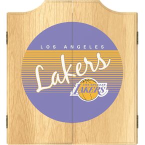 Trademark Global Dart Board Cabinet Set - Los Angeles Lakers Hardwood Classics Dart Board with 6 Steel Tip Darts, Scoreboard, Hanging Wood Cupboard