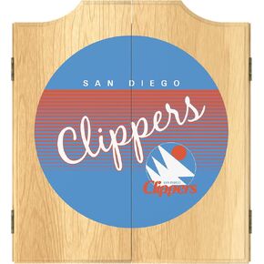 Trademark Global Dart Board Cabinet Set - San Diego Clippers Hardwood Classics Dart Board with 6 Steel Tip Darts, Scoreboard, Hanging Wood Cupboard