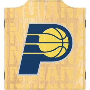 Trademark Global Dart Board Cabinet Set - Indiana Pacers City Dart Board with 6 Steel Tip Darts, Scoreboard, Hanging Wood Cupboard