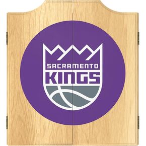 Trademark Global Dart Board Cabinet Set - Sacramento Kings Logo Dart Board with 6 Steel Tip Darts, Scoreboard, Hanging Wood Cupboard