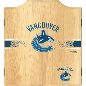Trademark Global Dart Board Cabinet Set - Vancouver Canucks Logo Dart Board with 6 Steel Tip Darts, Scoreboard, Hanging Wood Cupboard