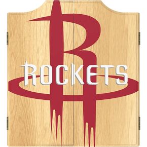 Trademark Global Dart Board Cabinet Set - Houston Rockets Fade Dart Board with 6 Steel Tip Darts, Scoreboard, Hanging Wood Cupboard