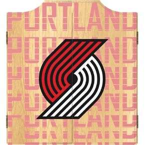 Trademark Global Dart Board Cabinet Set - Portland Trail Blazers City Dart Board with 6 Steel Tip Darts, Scoreboard, Hanging Wood Cupboard