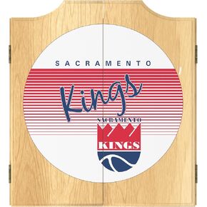 Trademark Global Dart Board Cabinet Set - Sacramento Kings Hardwood Classics Dart Board with 6 Steel Tip Darts, Scoreboard, Hanging Wood Cupboard