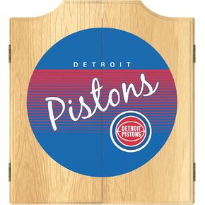 Trademark Global Dart Board Cabinet Set - Detroit Pistons Hardwood Classics Dart Board with 6 Steel Tip Darts, Scoreboard, Hanging Wood Cupboard
