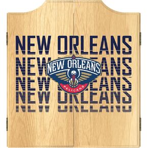 Trademark Global Dart Board Cabinet Set - New Orleans Pelicans City Dart Board with 6 Steel Tip Darts, Scoreboard, Hanging Wood Cupboard
