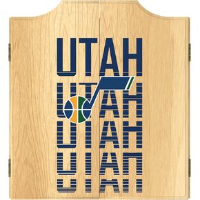 Trademark Global Dart Board Cabinet Set - Utah Jazz City Dart Board with 6 Steel Tip Darts, Scoreboard, Hanging Wood Cupboard