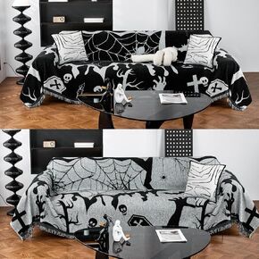 Halloween Sofa Slipcover with Cat Ghost Pattern,Reversible Sofa Covers Washable,Chenille Soft Sofa Blanket Black,Halloween Decorative Couch Protector-118 x71