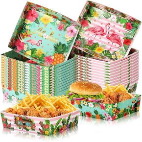 Uiifan 36 Pcs Hawaii Aloha Tropical Party Paper Trays 5lb Hawaiian Luau Nacho Boats Large Paper Food Severing Trays for Tropical Party Summer Theme Party Supplies (Flamingo Style)