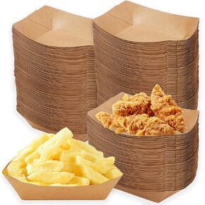 250 Pack 2 Lb Kraft Paper Food Trays, Disposable Food Boats Serving Basket Tray for French Fries Food Snack Container for Party, Concession Stands, Brown