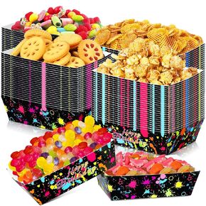 48 Pcs Neon Party Paper Food Trays Glow Party Supplies Paper Boats Paperboard Trays Snack Candy Popcorn Nacho Hot Dog Trays Serving Bowl for Neon Glow Party Colorful Graffiti Party
