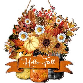 Tradder Fall Floral Welcome Sign for Front Door Hello Fall Hanging Plaque Farmhouse Sunflower Pumpkin Fall Door Hanger Mason Jar Thanksgiving Harvest Autumn Wood Sign for Indoor Outdoor Home Yard