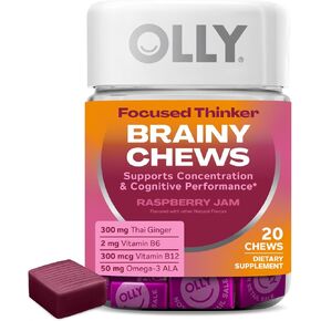 OLLY Focused Thinker Brainy Chews, Omega-3 ALA, Vitamins B6 & B12, Plus Thai Ginger Extract for Alertness, Concentration & Cognitive Performance Support, Vegetarian, Raspberry, 20 Count