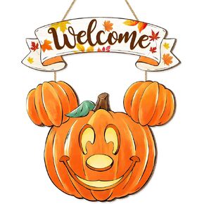 Fall Mouse Shaped Pumpkin Welcome Door Sign, Wooden Autumn Maple Leaves Hanging Decor for Front Door, Fall Pumpkin Wood Wreath Yard Wall Decor for Harvest Thanksgiving Home Decorations