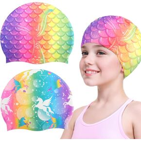 2 Pack Kids Swim Caps,Silicone Swim Caps for Kids Girls,Waterproof Swimming Caps,Mermaid Unicorn Swimming Hats,Non Slip Bathing Cap for Long and Short Hair,Keep Hair Dry