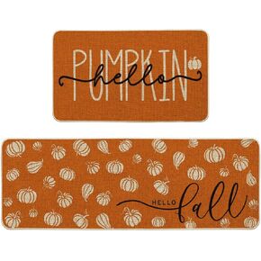 Artoid Mode Orange Hello Pumpkin Fall Kitchen Mats Set of 2, Autumn Home Decor Low-Profile Kitchen Rugs for Floor - 17x29 and 17x47 Inch